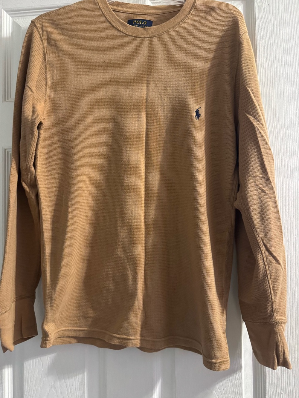 Polo by Ralph Lauren Long Sleeve Waffle Crew in Camel with Navy Pony
